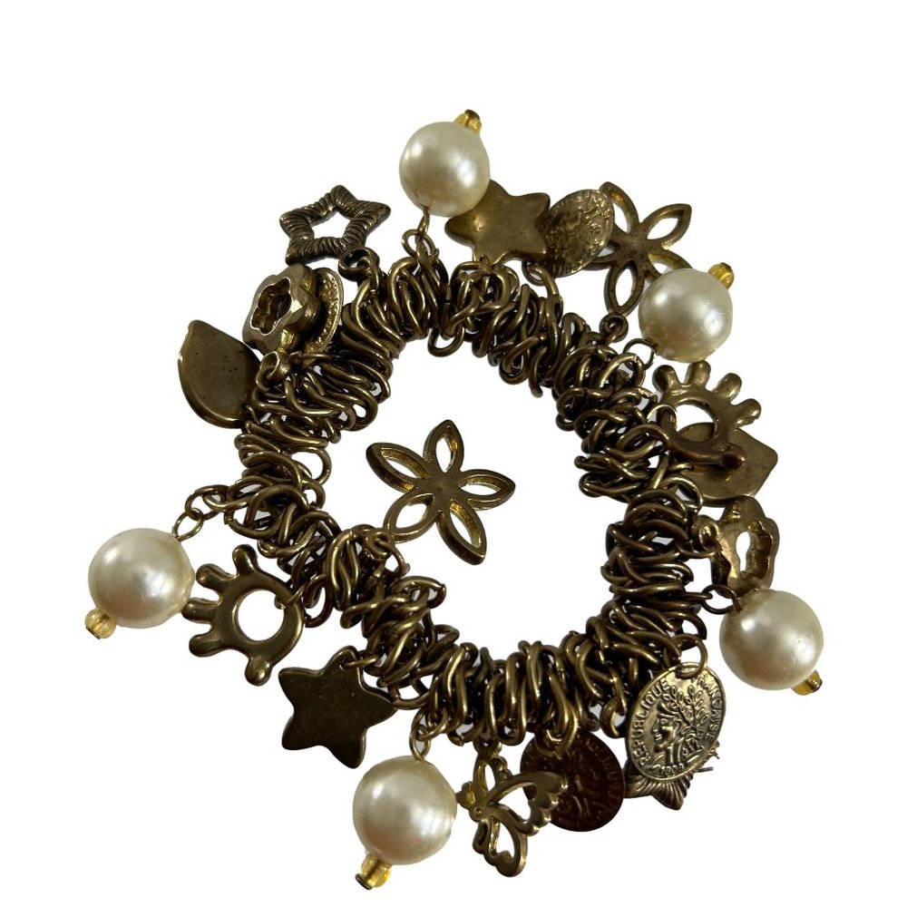 Vintage Republique Francoise Bracelet Chunky Faux Pearl Coins Flowers Stars